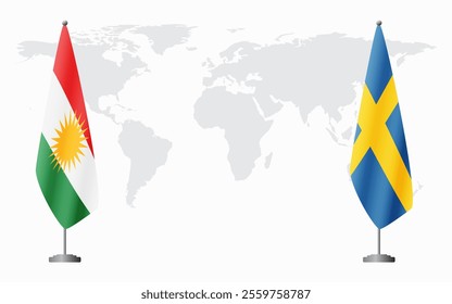 Kurdistan and Sweden flags for official meeting against background of world map.