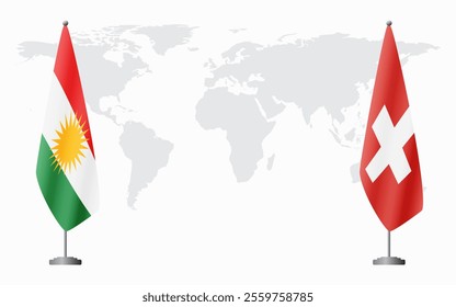 Kurdistan and Switzerland flags for official meeting against background of world map.