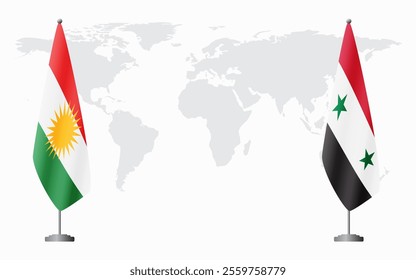 Kurdistan and Syria flags for official meeting against background of world map.