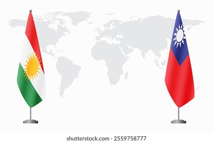 Kurdistan and Taiwan flags for official meeting against background of world map.