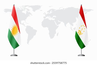 Kurdistan and Tajikistan flags for official meeting against background of world map.