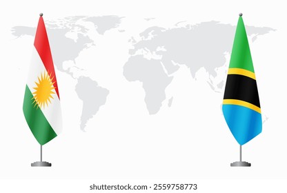 Kurdistan and Tanzania flags for official meeting against background of world map.