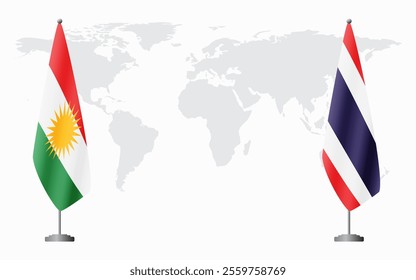 Kurdistan and Thailand flags for official meeting against background of world map.