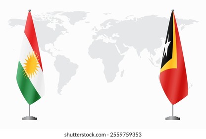 Kurdistan and Timor-Leste flags for official meeting against background of world map.