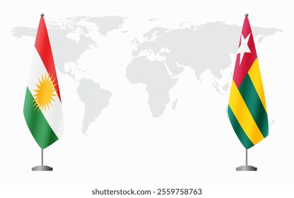 Kurdistan and Togo flags for official meeting against background of world map.