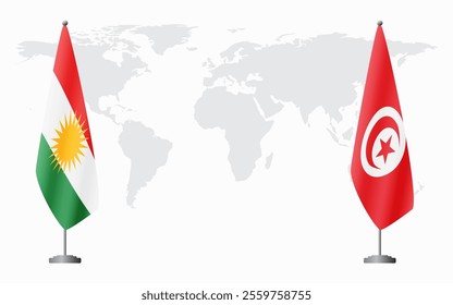 Kurdistan and Tunisia flags for official meeting against background of world map.