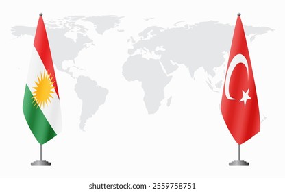 Kurdistan and Turkey flags for official meeting against background of world map.