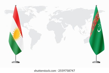 Kurdistan and Turkmenistan flags for official meeting against background of world map.