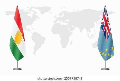 Kurdistan and Tuvalu flags for official meeting against background of world map.