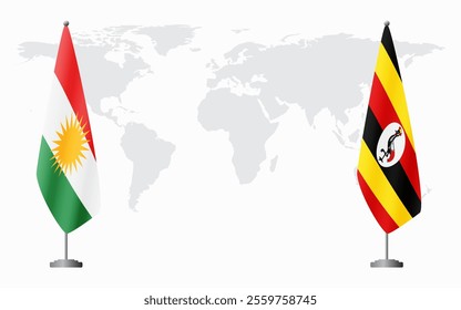 Kurdistan and Uganda flags for official meeting against background of world map.