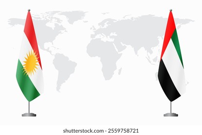 Kurdistan and United Arab Emirates flags for official meeting against background of world map.