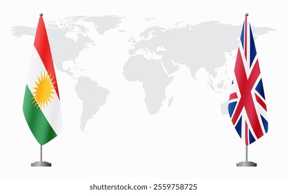 Kurdistan and United Kingdom flags for official meeting against background of world map.