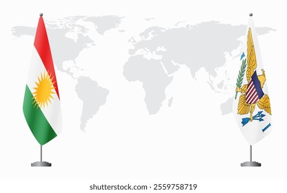 Kurdistan and United States Virgin Islands flags for official meeting against background of world map.