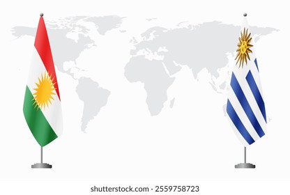 Kurdistan and Uruguay flags for official meeting against background of world map.