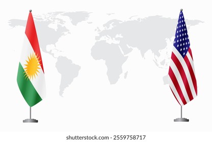 Kurdistan and USA flags for official meeting against background of world map.