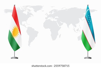 Kurdistan and Uzbekistan flags for official meeting against background of world map.