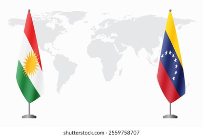 Kurdistan and Venezuela flags for official meeting against background of world map.