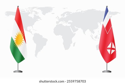 Kurdistan and Wallis and Futuna flags for official meeting against background of world map.