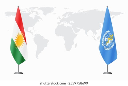 Kurdistan and World Health Organization flags for official meeting against background of world map.