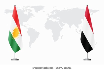 Kurdistan and Yemen flags for official meeting against background of world map.