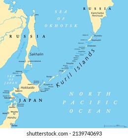 Kuril Islands political map. A volcanic archipelago part of Sakhalin Oblast in the Russian Far East. It stretches from Hokkaido in Japan to Kamchatka Peninsula in Russia. Under Russian administration.