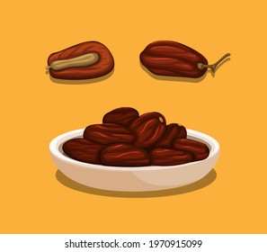 Kurma aka date palm fruit from arab   asian. in bowl and piece with seed concept in cartoon illustration vector