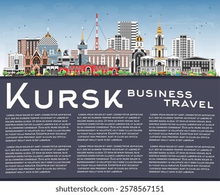 Kursk Russia city skyline with color buildings, blue sky and copy space. Vector illustration. Kursk cityscape with landmarks. Business travel and tourism concept with modern and historic architecture.