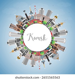 Kursk Russia city skyline with color buildings, blue sky and copy space. Vector illustration. Kursk cityscape with landmarks. Business travel and tourism concept with modern and historic architecture.