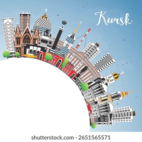 Kursk Russia city skyline with color buildings, blue sky and copy space. Vector illustration. Kursk cityscape with landmarks. Business travel and tourism concept with modern and historic architecture.