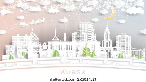 Kursk Russia. Winter city skyline in paper cut style with snowflakes, moon and neon garland. Christmas and new year concept. Santa Claus on sleigh. Kursk cityscape with landmarks.