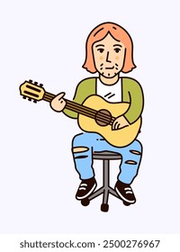 Kurt Cobain in doodle style sitting on chair and playing an acoustic guitar, exlusive red hair