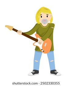 Kurt Cobain plays guitar, ex-Nirvana band leader, flat illustration