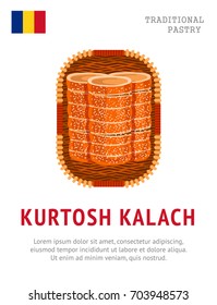 Kurtosh Kalach. National romanian dish. Traditional pastry. View from above. Vector flat illustration.