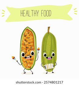 Kuruba fruit, funny fruit cute cheerful characters. Vector hand drawn illistration.