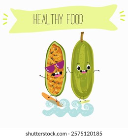 Kuruba fruit, funny fruit cute cheerful characters. Vector hand drawn illistration.
