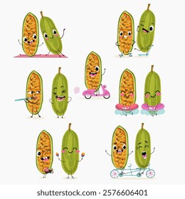 Kuruba fruit, funny fruit cute cheerful characters. Vector hand drawn illistration.