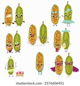 Kuruba fruit, funny fruit cute cheerful characters. Vector hand drawn illistration.