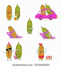 Kuruba fruit, funny fruit cute cheerful characters. Vector hand drawn illistration.
