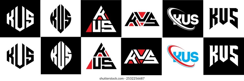 KUS letter logo design in six style. KUS polygon, circle, triangle, hexagon, flat and simple style with black and white color variation letter logo set in one artboard. KUS minimalist and classic logo