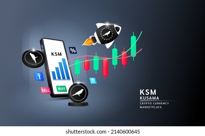 Moneda de Kusama (KSM) con vuelo de nave espacial deja el smartphone al cielo y a la carta de valores. Aplicación para el comercio de moneda criptográfica en el mercado de valores. La criptodivisa bancaria móvil. Ilustración vectorial 3d. 