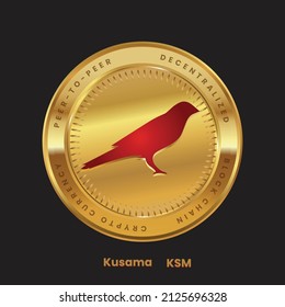 Kusama (KSM)crypto currency token logo in red color concept on gold coin isolated in black background. Vector illustration design for crypto news, poster, banner, web, print, financial articles.