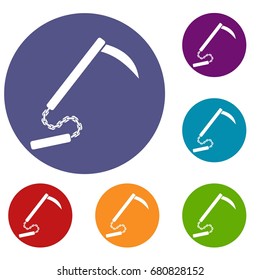 Kusarigama icons set in flat circle red, blue and green color for web