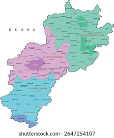 Kusel district map of Rhineland-Palatinate (Rheinland-Pfalz) state. Federal Republic of Germany. Colored. Vector