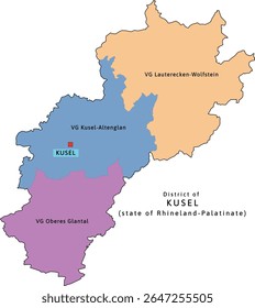 Kusel verbandsgemeinden map of Rhineland-Palatinate (Rheinland-Pfalz) state in Germany. Vectored. Retro colors