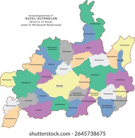 Kusel-Altenglan verbandsgemeinde map of Kusel district Rhineland-Palatinate (Rheinland-Pfalz) state in Germany. Vectored. Retro colors