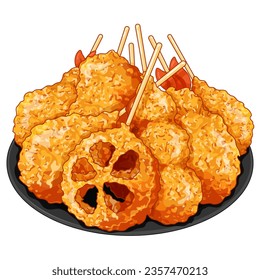 Kushikatsu skewers illustration vector. Japanese fried kushikatsu drawing. Japanese street food kushikatsu menu. Japanese fried tempura shrimp skewered icon. Kushiage fried skewered meat and seafood.