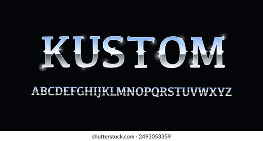 
KUSTOM font is a Vintage connected font named Metal Plate with 3d extrude effect. Metallic Graphic Style for design. Good for garage motorcycle custome culture