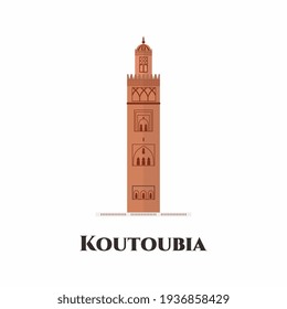 The Kutubiyya Mosque or Koutoubia Mosque in Marrakesh, Morocco. The largest mosque. This place very recommended to visit. World travel and tourism concept flat vector isolated on white background.