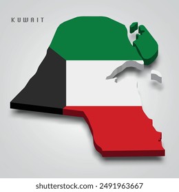 Kuwait 3d map with national flag on grey background