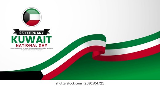 Kuwait 3D waving ribbon flag for national day or independence day with blank space area